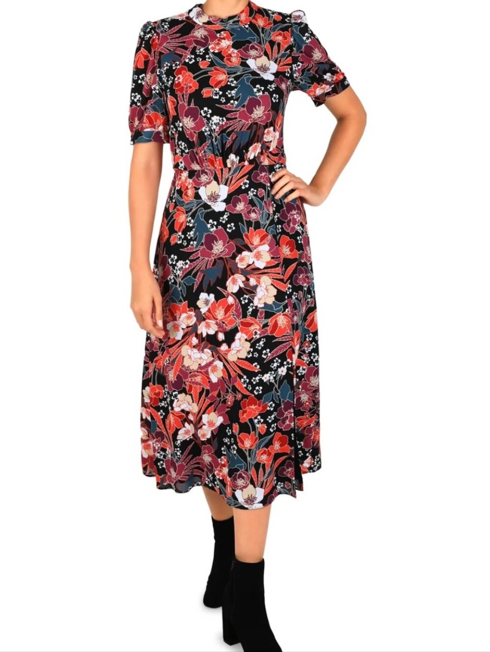 Julia Jordan Mock Neck Tie Back Floral Short Sleeve Midi Dress in Black Multi